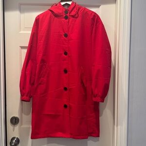 Red button up  hooded raincoat